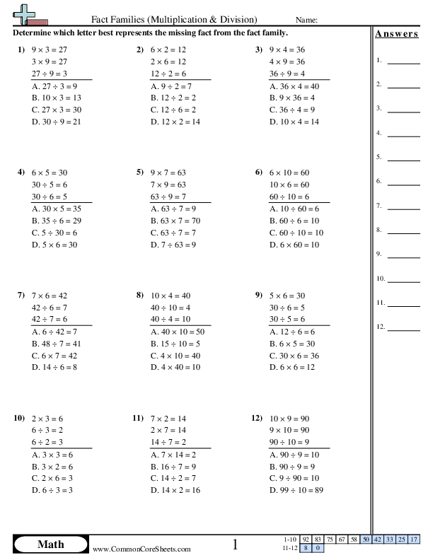 Find Missing Fact (Multiple Choice) Worksheet - Find Missing Fact (Multiple Choice) worksheet